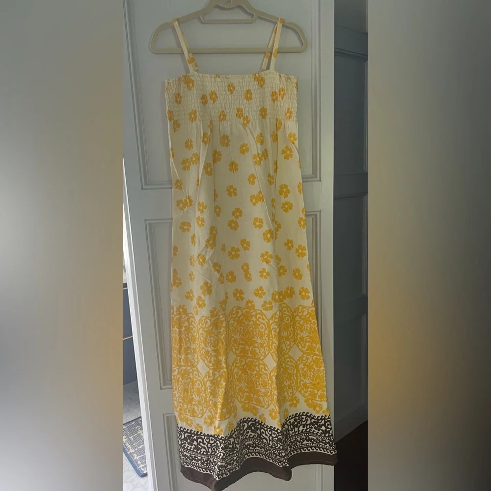 Vintage Roxy Maxi Sundress Yellow White Brown Floral Smocked Cotton Size Small - Picture 4 of 5